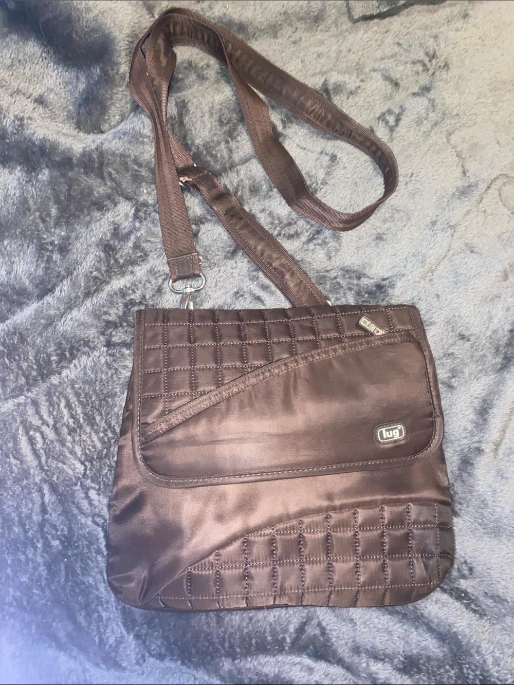 lug Quilted Satin Crossbody Bag in Brown